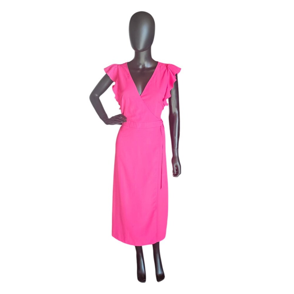 Hot Pink Flutter Sleeve Wrap Mid-Calf Dress - Who What Wear